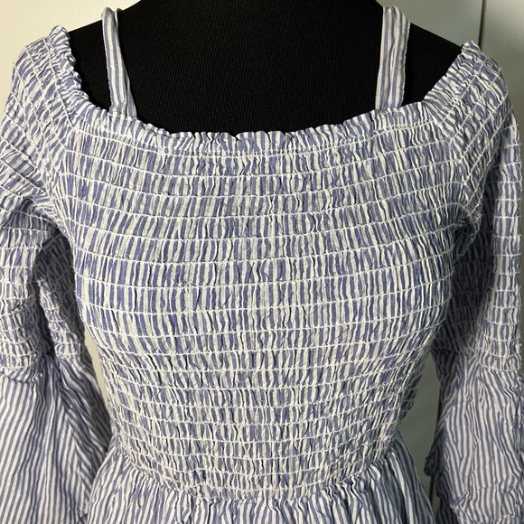 Altar'd State Boho Hippie Off Shoulder Lined Dress Blue White Stripe Size Medium - Picture 2 of 6